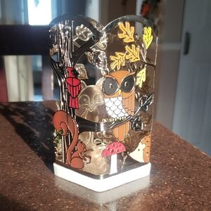 BATH & BODY WORKS OWLS WITH BASE METAL FOAMING SOAP HOLDER SLEEVE WOODEN BASE